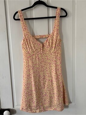 L.A. Hearts Yellow Skater A-line Open Back Summer Dress with Pink Fruit Print